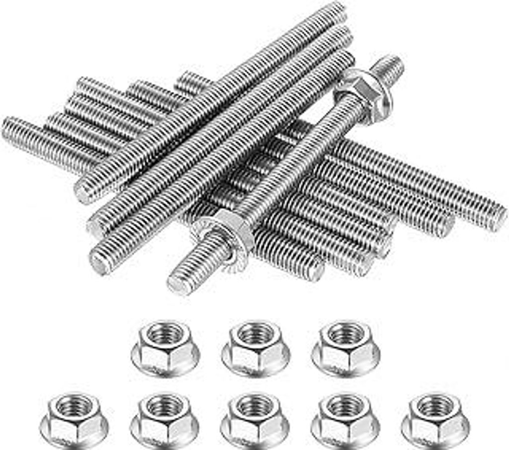 10 Stück Gewindestab M8 x 100mm, Gewindestangen Edelstahl A2 V2A, Gewindestäbe Gewindestange Edelstahl mit 10 STK M8 Sechskant Flanschmuttern fü...