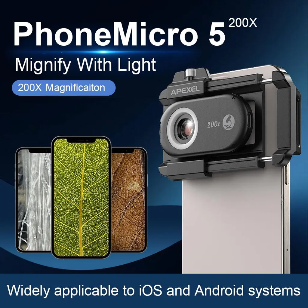 Microscope APEXEL APL-MS200 200X pour smartphone avec LED et filtre CPL
