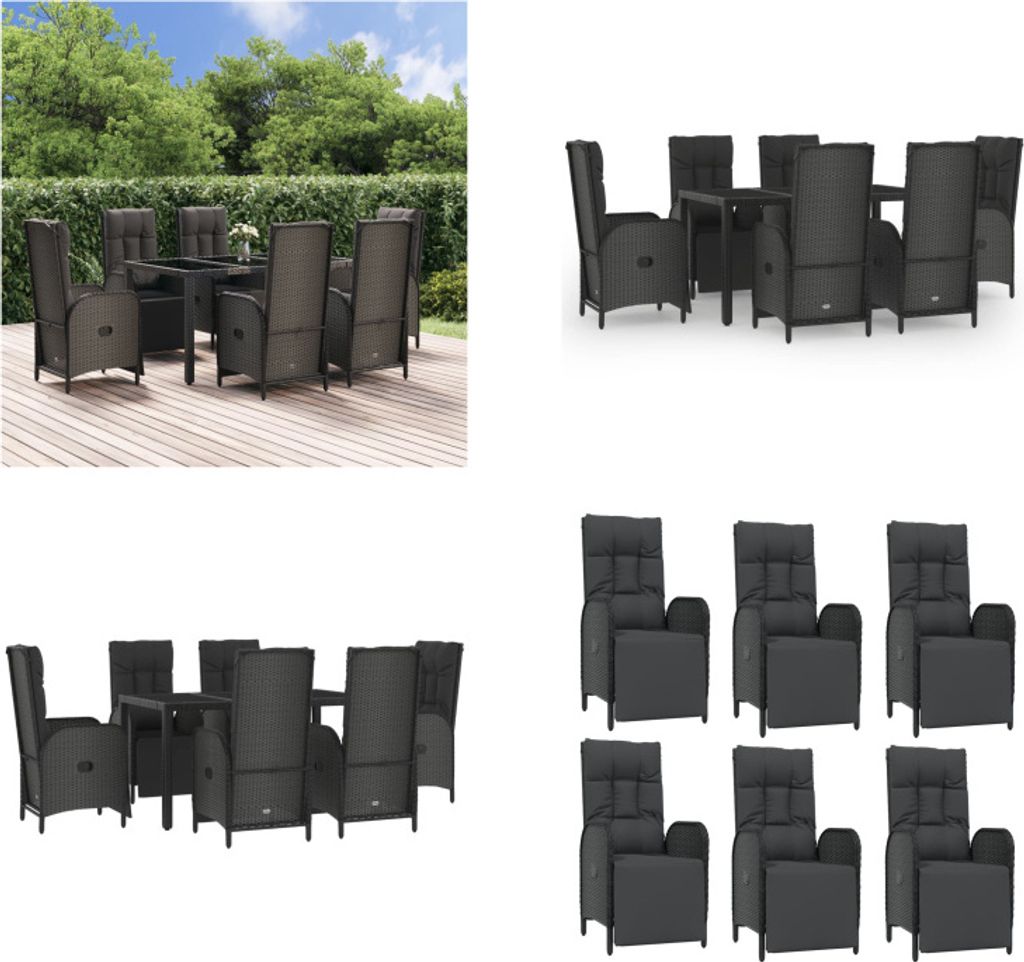 vidaXL 7 tlg. Garten Essgruppe mit Kissen Schwarz und Grau Poly Rattan - Garten Essgruppe - Garten Essgruppen - Essgruppe - Essgruppe Terrasse