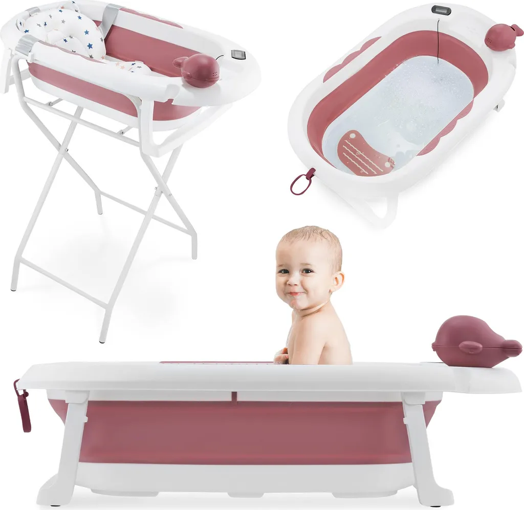 Baignoire pliable bébé vieux rose avec capteur de température LCD innovant
