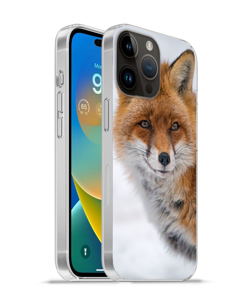 MuchoWow Handyhülle Schutzhülle Hülle für Apple iPhone 14 Pro - Softcase Fuchs - Porträt - Schnee Silikon Softcase Handy Hülle - Umschlag