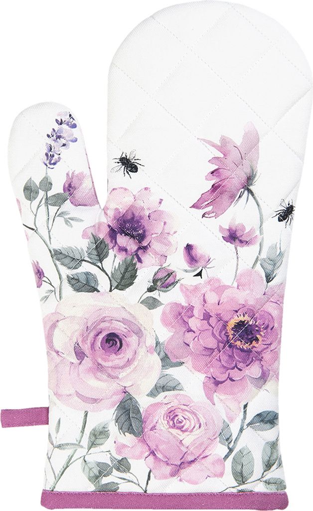 Clayre & Eef Ofenhandschuh 18x30 cm Weiß Violett Baumwolle Rosen