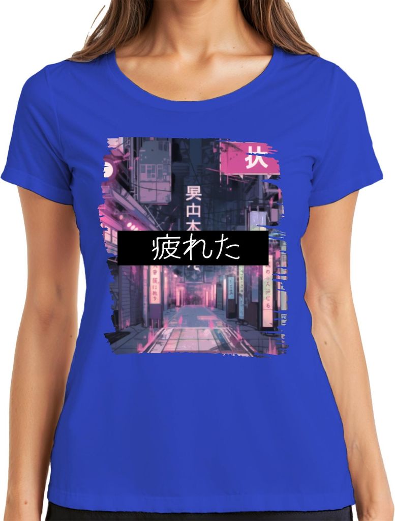 疲れた Japan Kanji Neon Cyberpunk Anime Ästhetik Tokio Retro Straße Damen T-Shirt, Blau, L