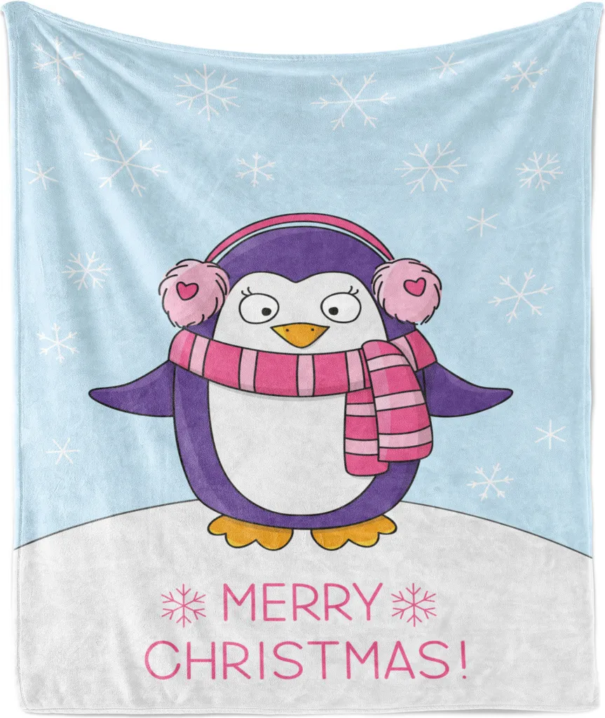 ABAKUHAUS Natale Morbida coperta in pile di flanella, simpatico pinguino con sciarpa rosa e paraorecchie Buon Natale, 175 x 230 cm, blu viola e azzurro