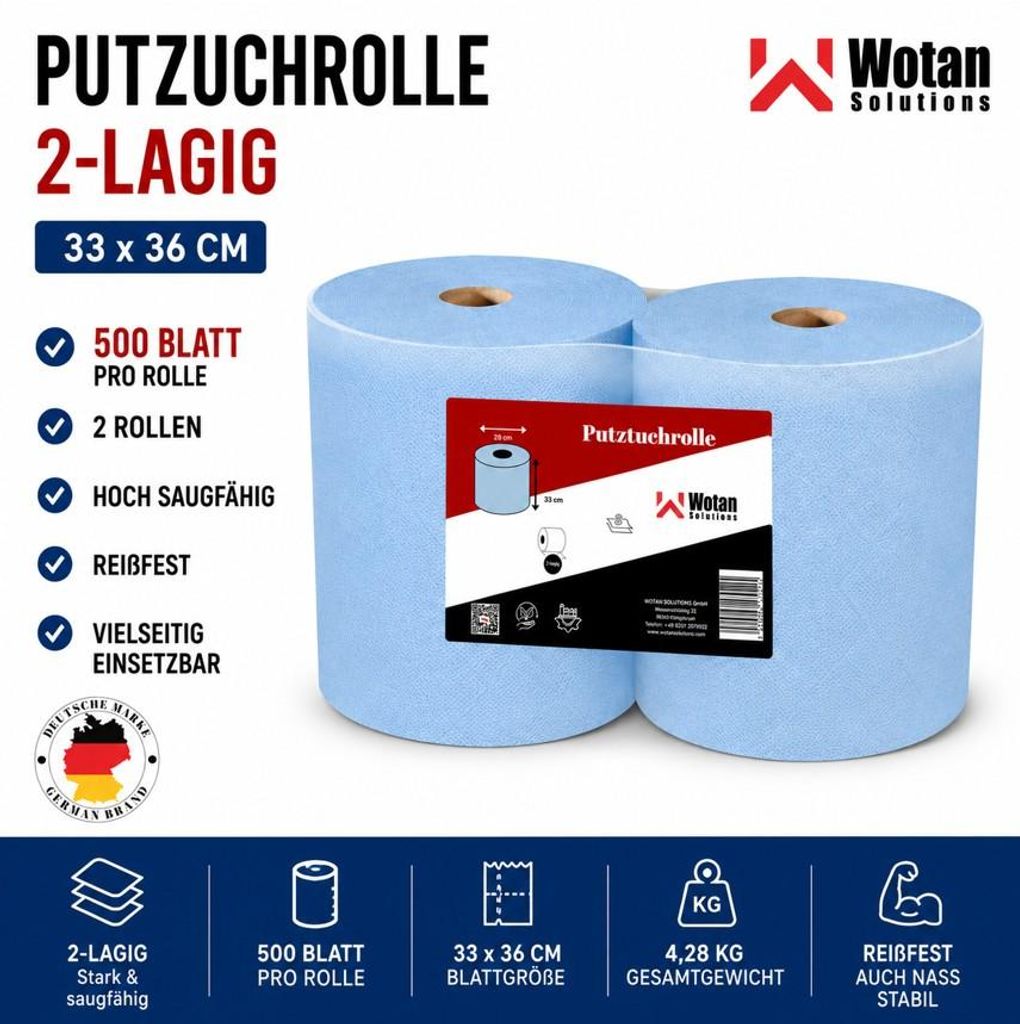 2x Putztuchrolle 2-lagig blau 33x36cm Putzrolle 1000 Blatt Produktbild 