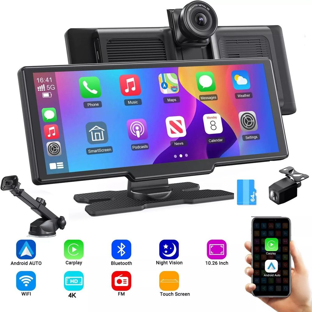 9.26" 1600*600 HD Tragbarer Wireless CarPlay Autoradio Android Auto +Kamera Bluetooth Touchscreen GPS FM BT Mit SD-Karte USB-Schnellladung
