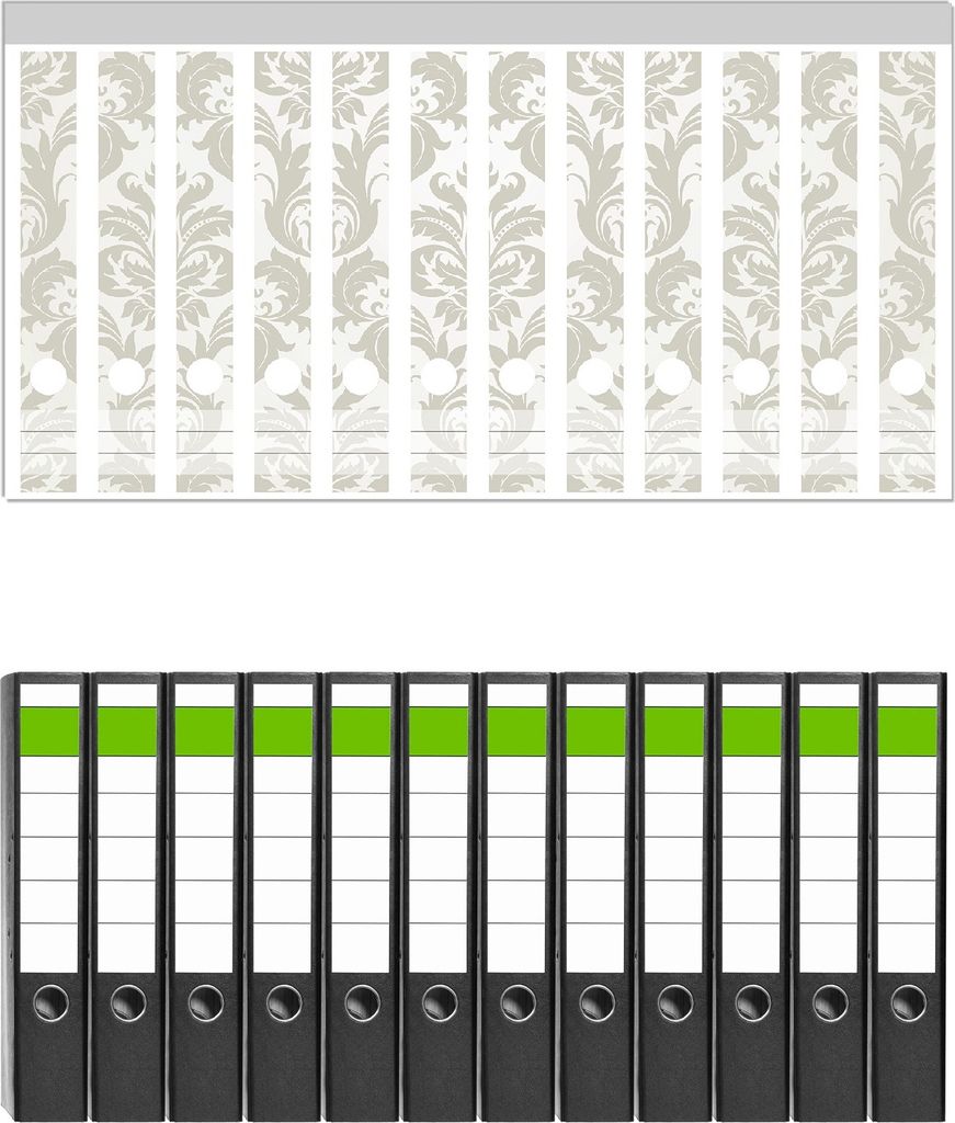 Wallario 12 Stück schmale Ordner inkl. Klebeetiketten mit Motive Königliche Schnörkelei in weiß und beige - Set mit Rückenschildern / Ordnerr...