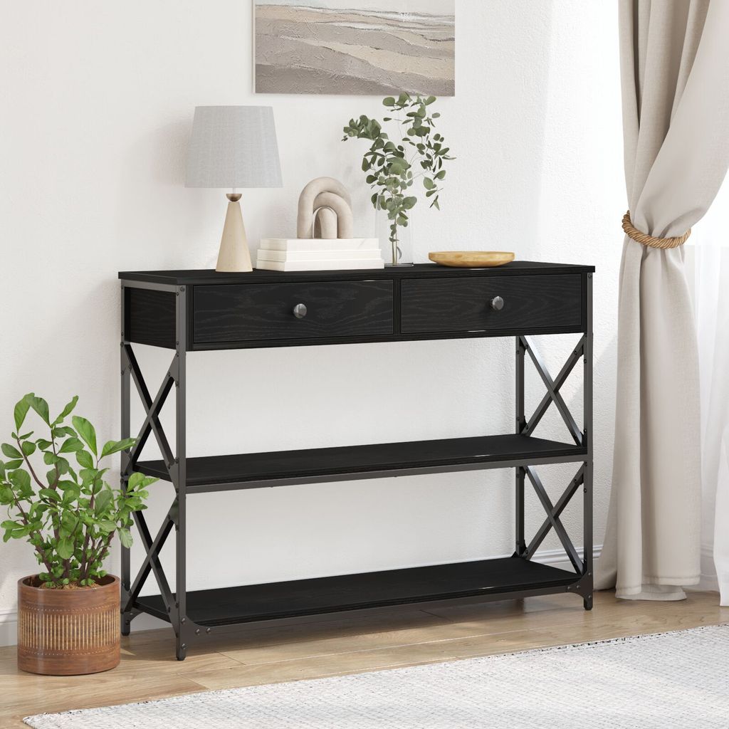 Konsolentisch Schwarz Eiche 100x28x75 cm Holzwerkstoff & Stahl, Beistelltische DesignMöbel Neu