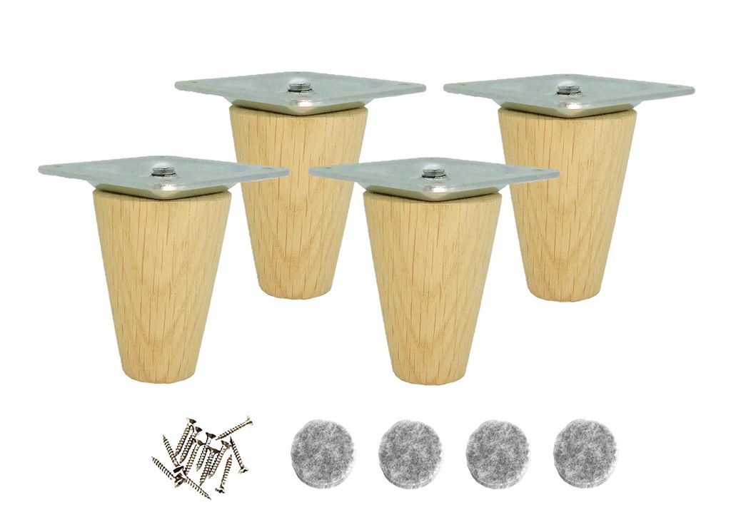 4x Möbelfuß aus Eiche – konisch, roh, 6 cm – mit M8-Schraube & Montageplatte