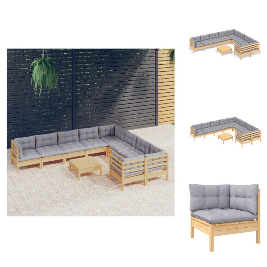 vidaXL 10-tlg. Garten-Lounge-Set mit Grauen Kissen Kiefernholz - Gartenmöbel-Sets