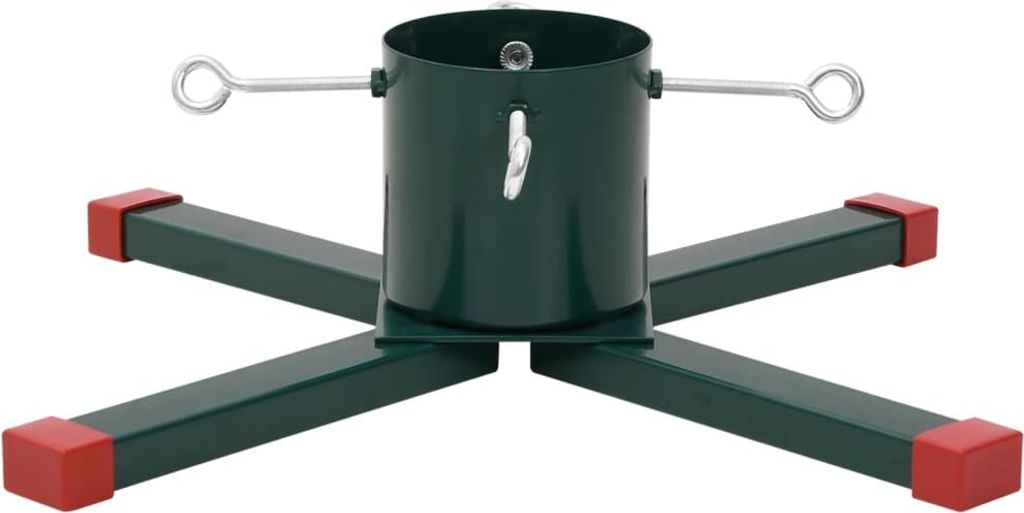 A dark green Christmas tree stand with red caps on its feet, shown against a white background.