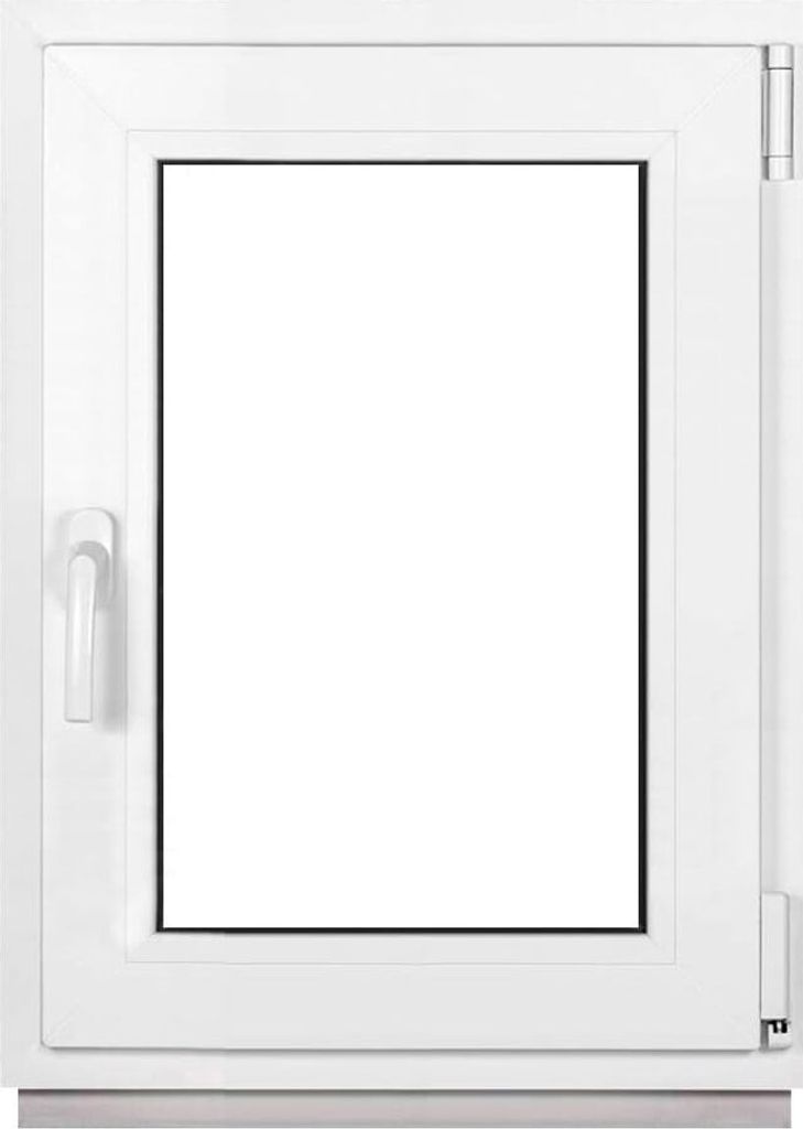 A white PVC window with a glass pane and a handle.