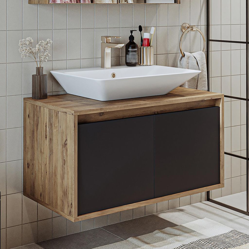 Roomart ATLANTIC-85 Badmöbel Set– 2-teiliges Badezimmermöbel Set - Waschbecken mit Unterschrank - H 45 x B 45 x T 85 cm - Anthrazit-Eiche