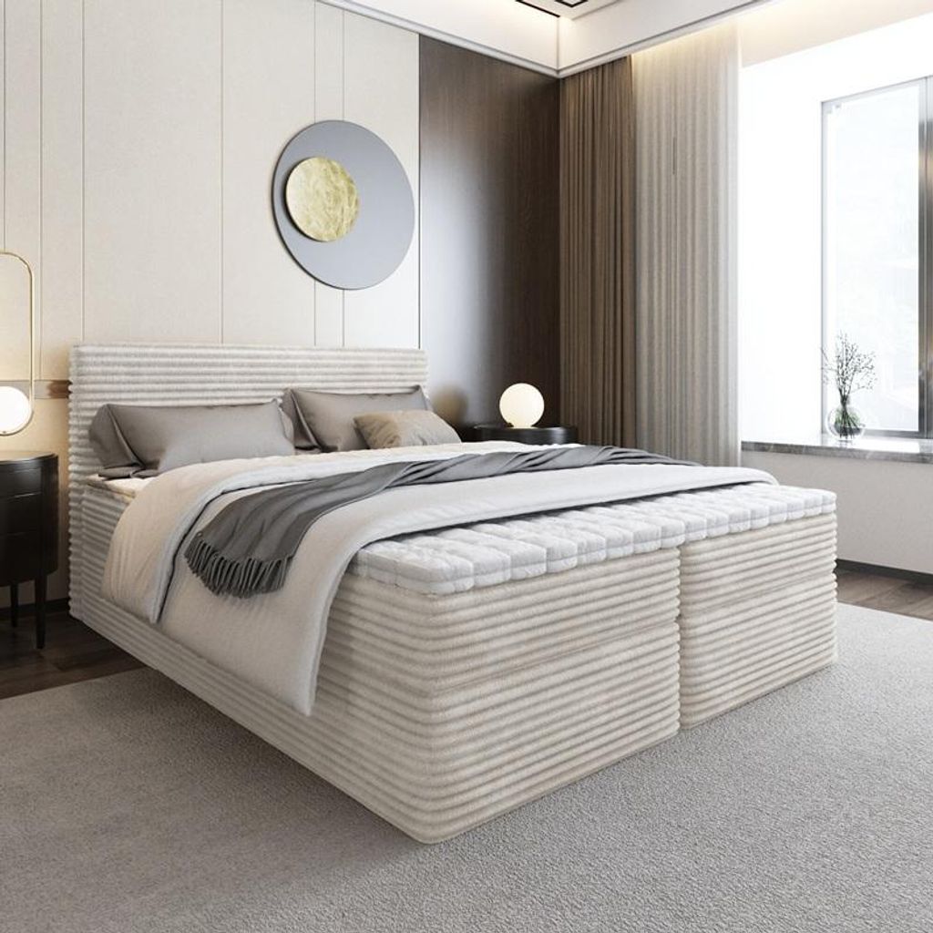 Bett Boxspringbett SENO mit Topper T25 und Bettkästen - Doppelbett, Stauraum, Schlafzimmer, Polsterbett, Bettgestell (200x200, Beige- Tilia 03)