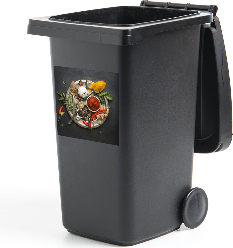 MuchoWow Mülltonnenaufkleber Gewürze - Teller - Pfeffer - Schwarz - Löffel - Silber 40x40 cm - Abfall-Aufkleber - Container - für Abfallconta...
