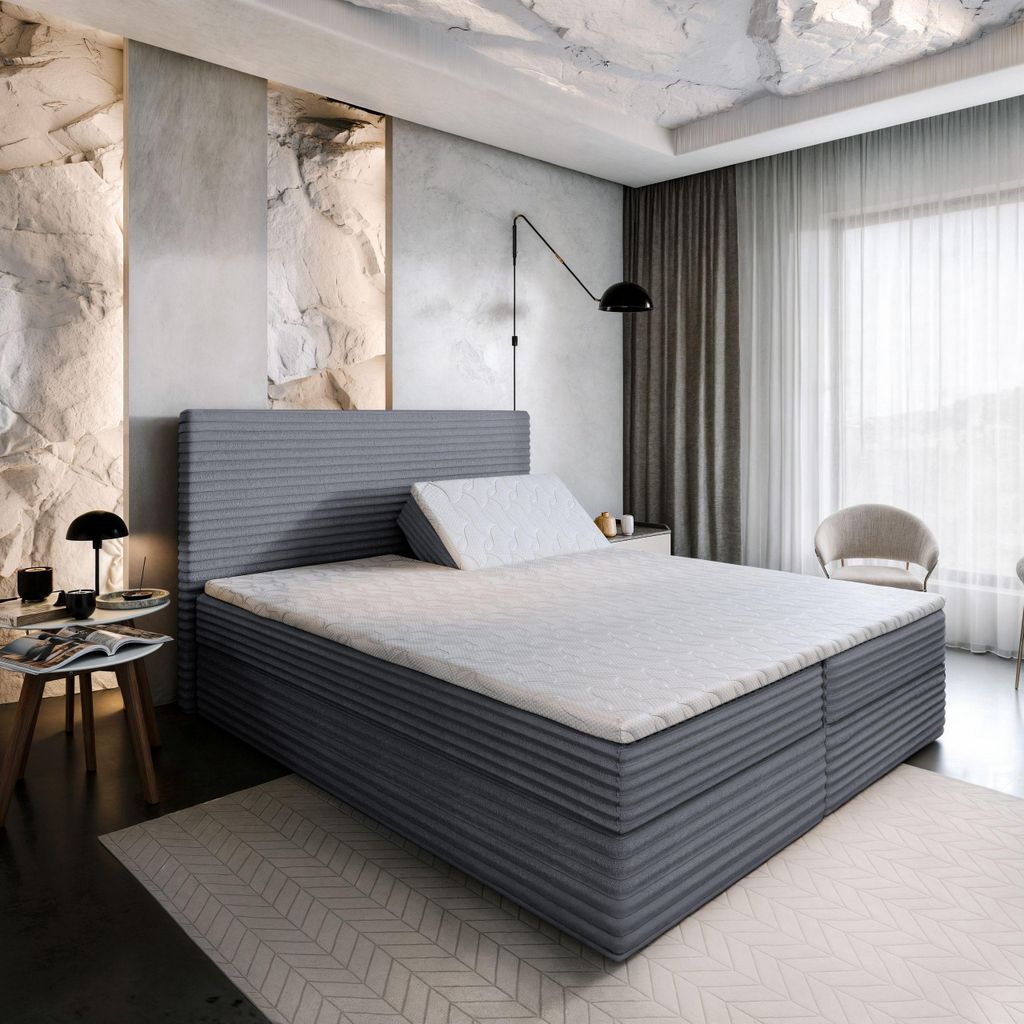 Masseno Boxspringbett MILARA 140x200 cm Komplett-Set mit Bonell Matratze und Topper, Polsterbett mit Bettkästen -Grau, TILIA 85