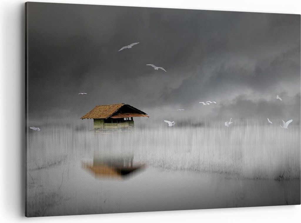 Bild auf Leinwand - Leinwandbild - Einteilig - Hütte Nebel Sumpf - 100x70cm - Wand Bild - Wanddeko - Wandbilder - Leinwanddruck - Bilder - Wanddek...