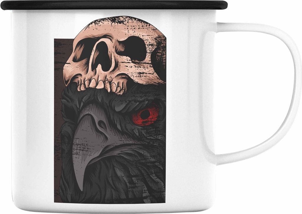 Trendation - Coole Emaille Tasse Raben Totenkopf Geschenk Death Metal Punk Rock (Schwarz)