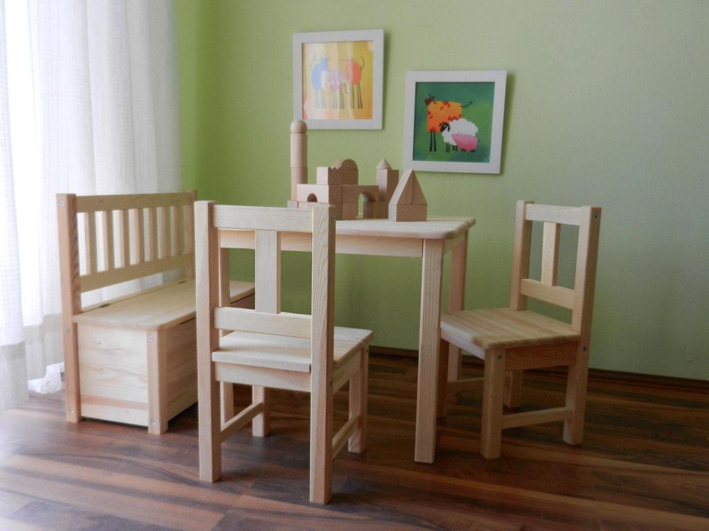 Bambini Kindersitzgruppe mit Kindersitzbank aus unbehandeltem Massivholz NEU