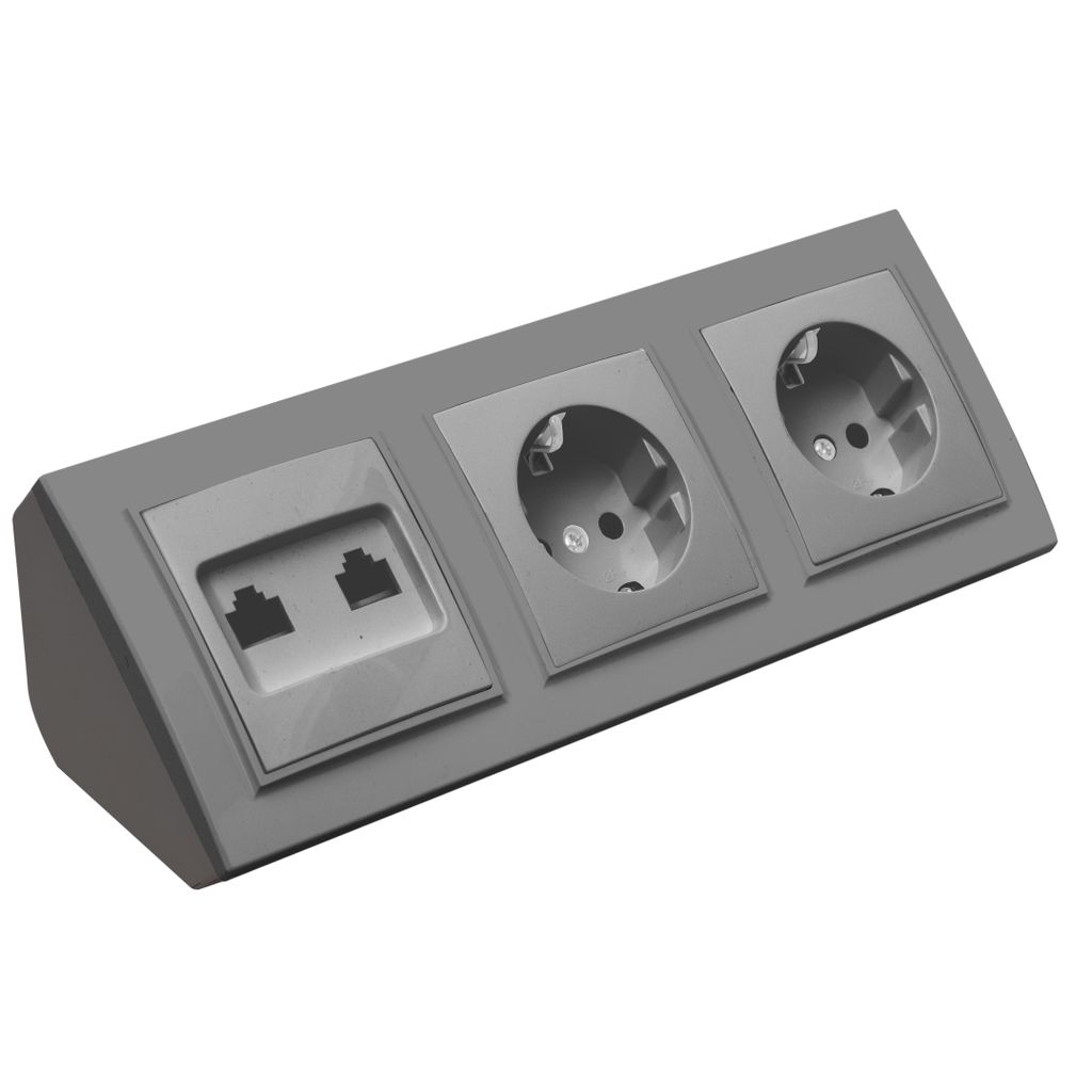 Ecksteckdose 2-fach Steckdose 2xRJ45 Steckdosenblock 45° Verteilerdose silber.