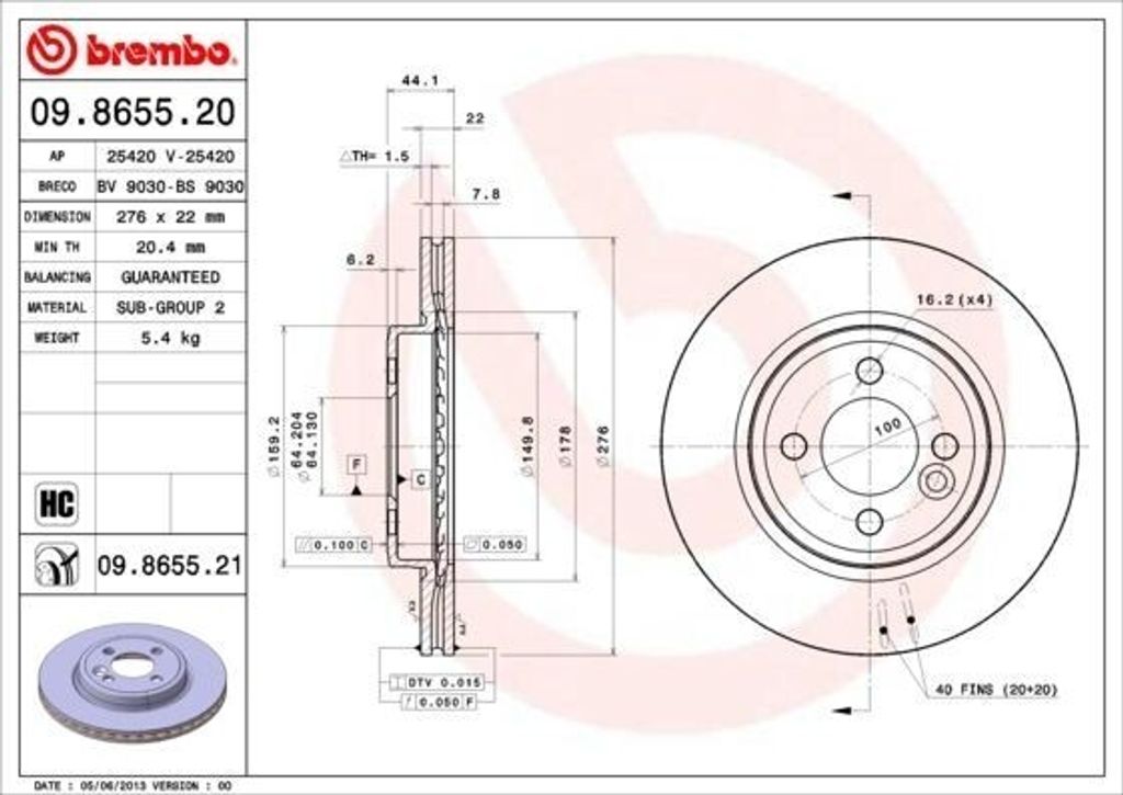 BREMBO 09.8655.21 - OE 34116774984 Bremsscheibe für R50, R53, R52