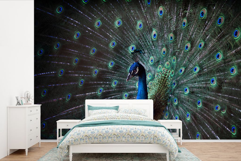 MuchoWow Fototapete für Wohnzimmer oder Schlafzimmer Wandtapete Vinyl Motivtapete Pfau - Federn - Farben - 360x240 cm - Vinyl-Tapete