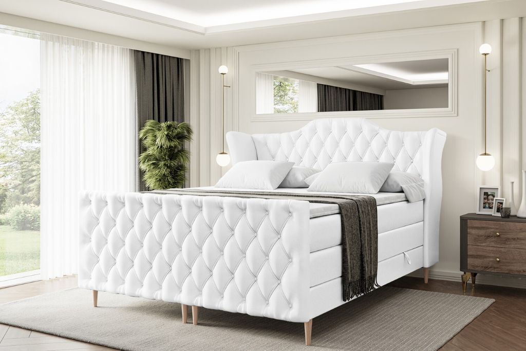 ALTDECOR Boxspringbett mit Holz Füßen, Matratze und Lattenrost, Topper, Fußteil, Polsterbett mit Bettkasten, Bett mit Stauraum H3- und H4- Matra...