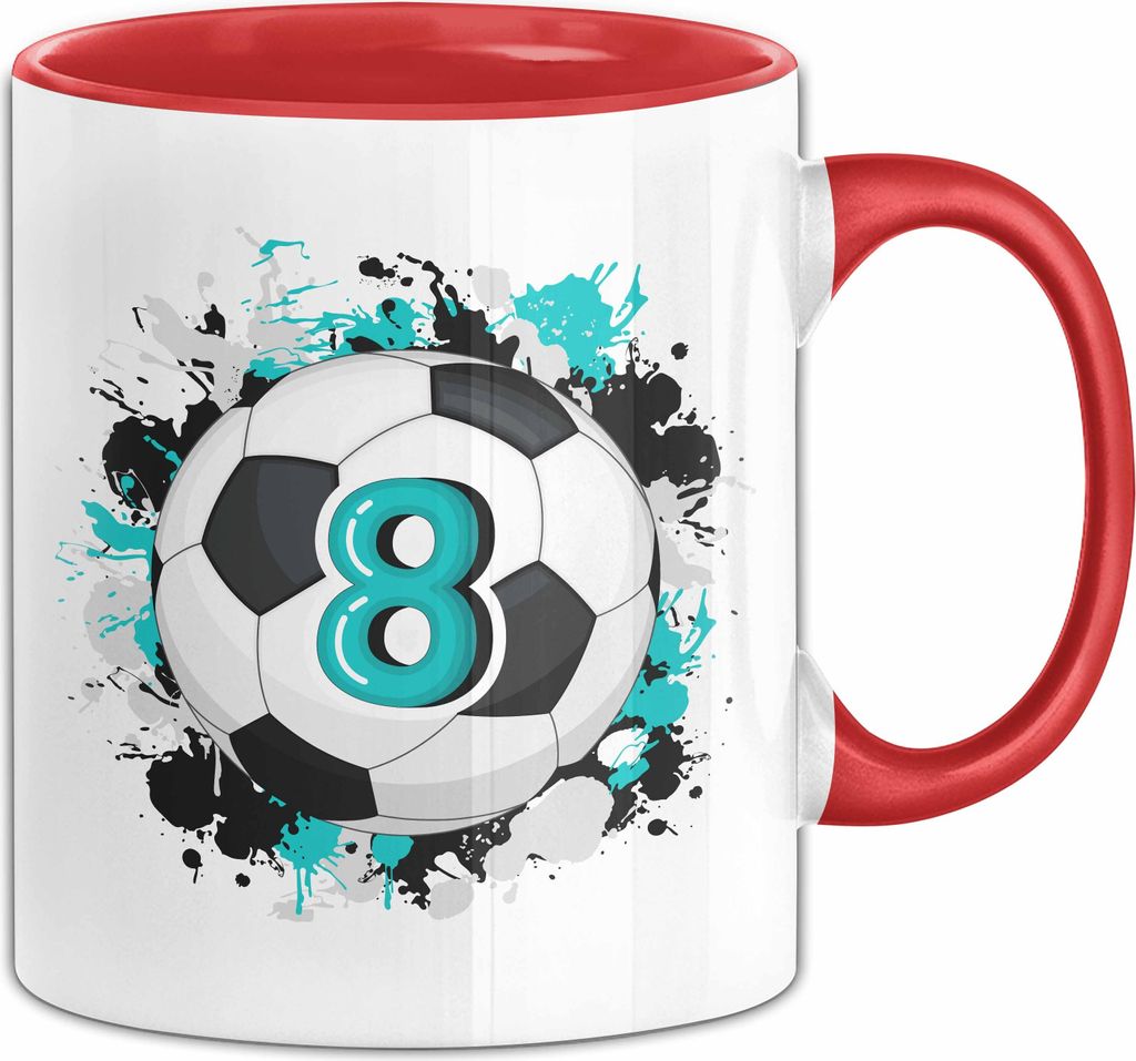 8. Geburtstag Geschenk Tasse Becher Jungs Fußball Geburtstagsgeschenk (Rot)
