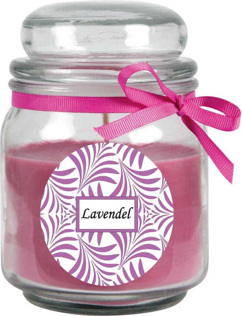 Duftkerze mit Schriftzug "Lavendel" im Bonbon Glas, 300g Wachs - Brenndauer ca.: 70 Stunden, Kerze im Glas in Geschenkverpackung