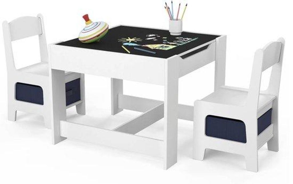 Kinderspielplatz mit Schreibtafel und 2 Stühlen – Spielset mit Aufbewahrung – Kinder Tisch und Stuhl Set – Weiß/Blau – 61,5 x 61,5 x 48 cm