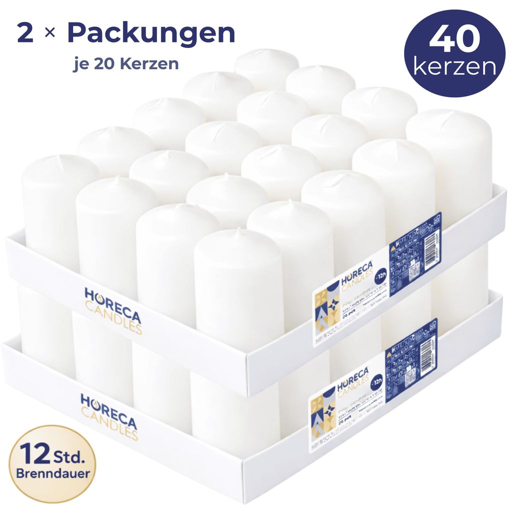 HORECA CANDLES Stumpenkerzen 40 Stück – Weiß, 4 × 7 cm, 12 h, ohne Duft, Blockkerzen für Haushalt, Feiern und Gastronomie