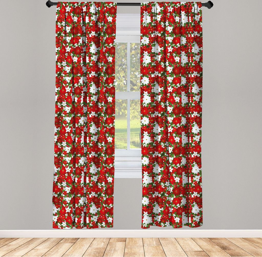 ABAKUHAUS Weihnachten Vorhänge, Gardinen, Weihnachtsstern Blume Holly und Mistel in natürlichen traditionellen Kombination, 2 Stück 75 x 175 cm,...