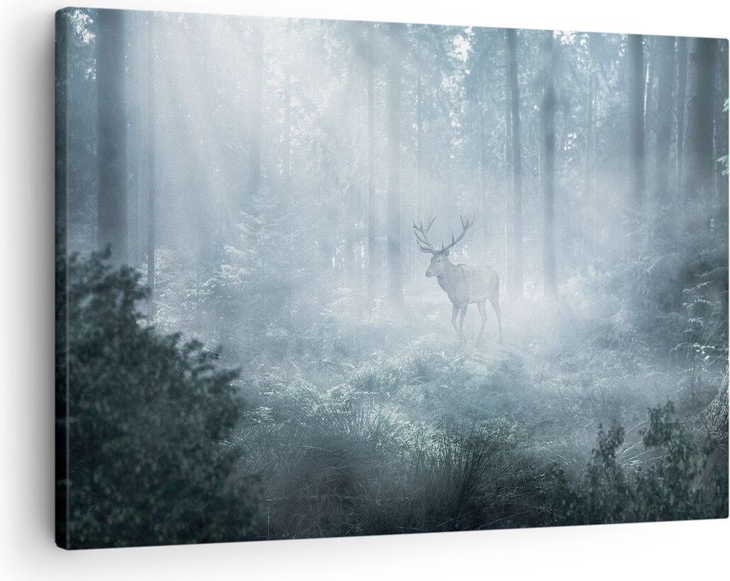 Bild auf Leinwand - Leinwandbild - Einteilig - Hirsch Wald Morgendämmerung - 70x50cm - Wand Bild - Wanddeko - Wandbilder - Leinwanddruck - Bilder ...
