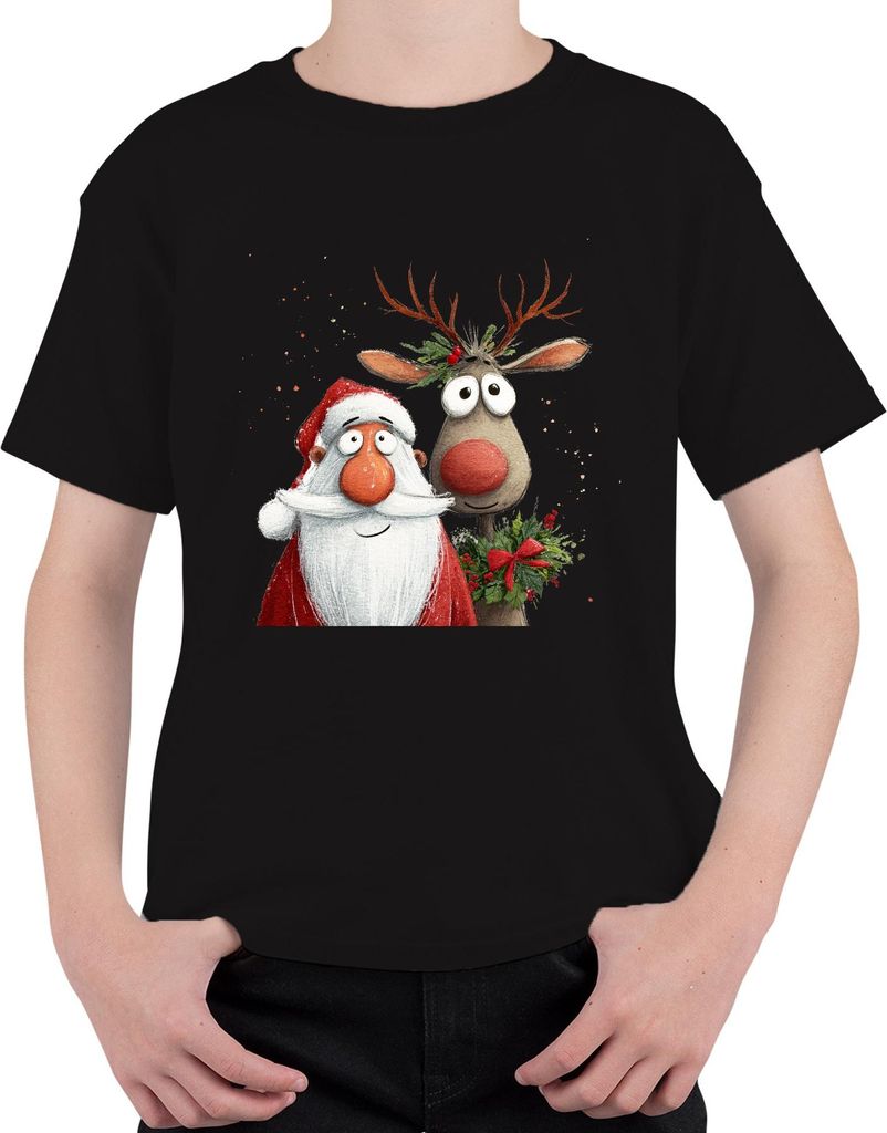 Weihnachtsmann Rudolph rote Nase niedlich Weihnachten Geschenk Uni Kinder T-Shirt, Schwarz, 128