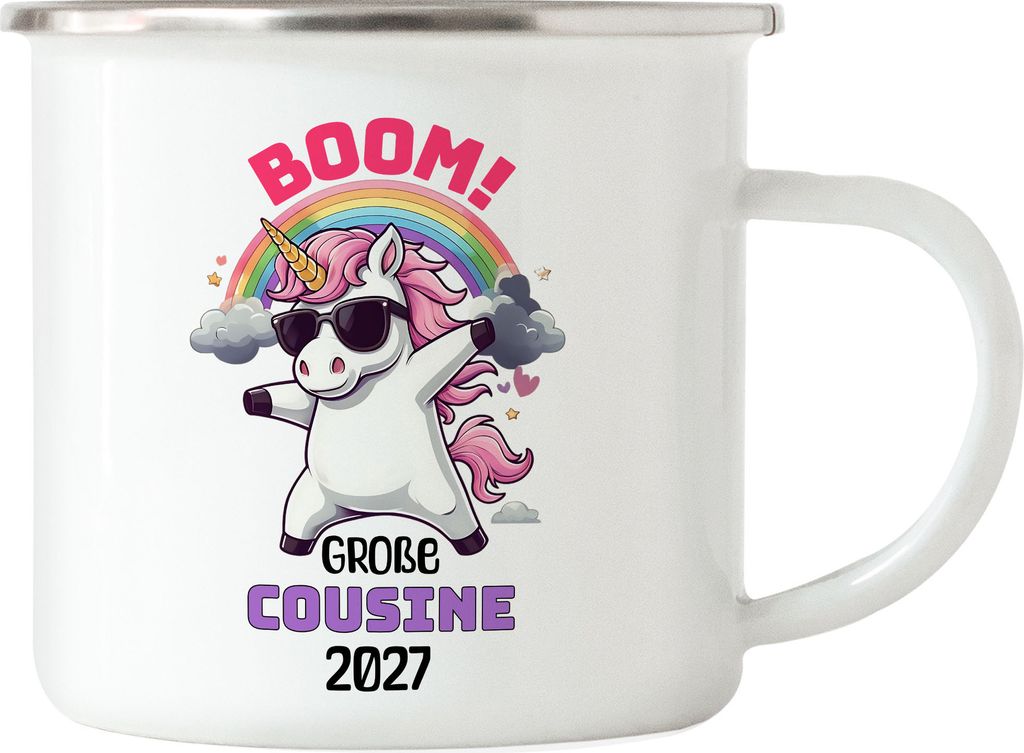 Boom Große Cousine 2027 Emaille-Tasse Geschenk Einhorn Familienfreude Babyparty Überraschung Cousine