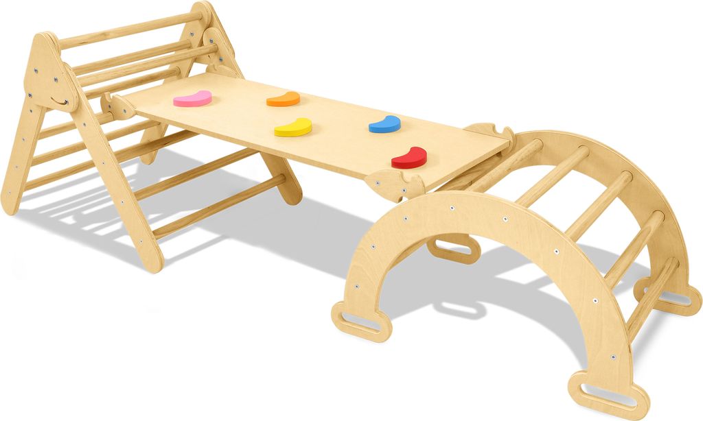 VA-Cerulean Klettergerüst Indoor, 195x42x77 cm Kletterdreieck für Kleinkinder, 3er Set Rutsche Waldorf Kletterbogen Pikler Dreieck