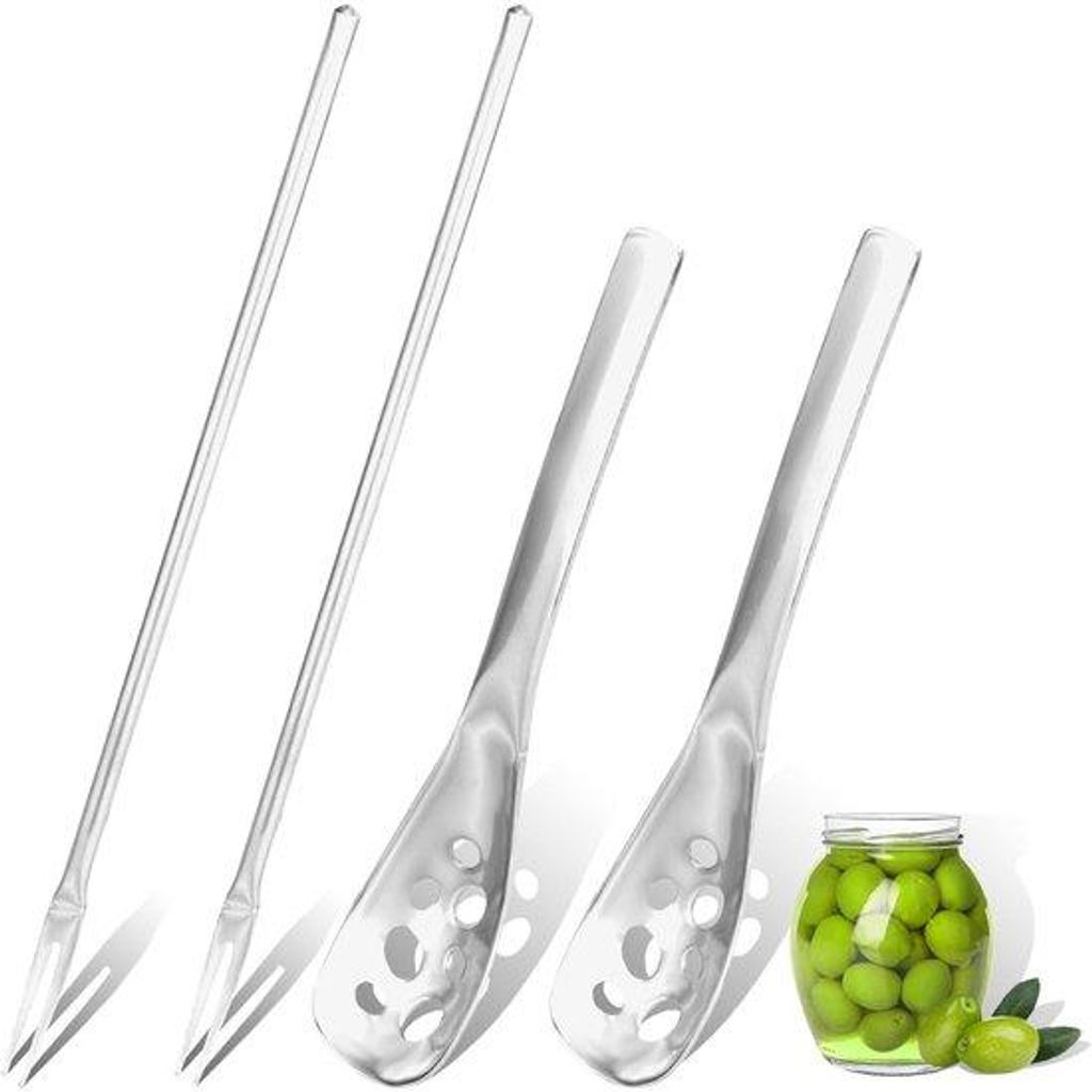 Silberne Olijfzangen und -vorker, Rostfrei-Stahl, kleine Schaumkelle mit Abflussloch, lange Gabel für eingelegte Zwiebeln, Gurken, Oliven, Verpack...