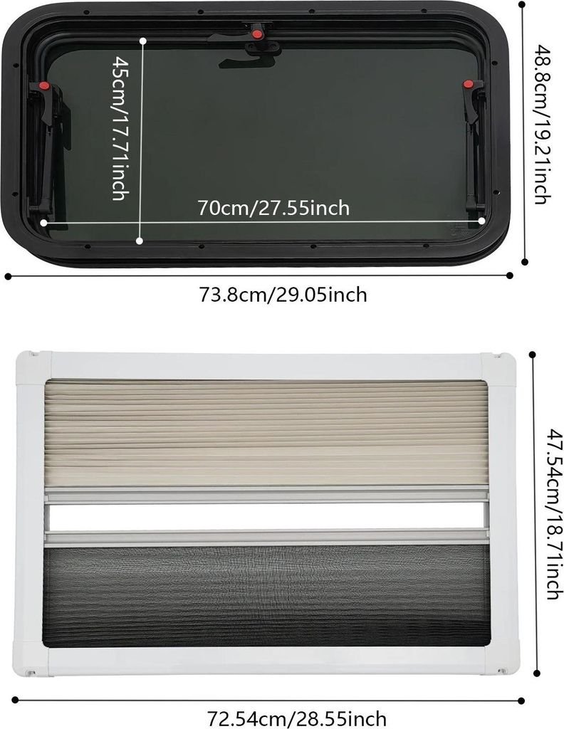 Fenster für Wohnmobil/Caravan - Ausstellfenster - 70×45 cm - Sicherheitsglas & Fliegengitter - Sandwichmontage 30–40 mm - Öffnungswinkel 85° ...