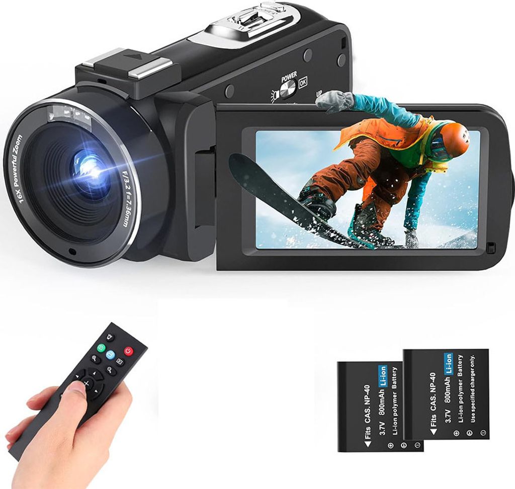 Videokamera Camcorder, 1080P 36MP Vlogging Kamera 3,0" Digitalkamera, mit IR Nachtsicht, 16X Digital Zoom, DV-Recorder, mit 2 Batterien