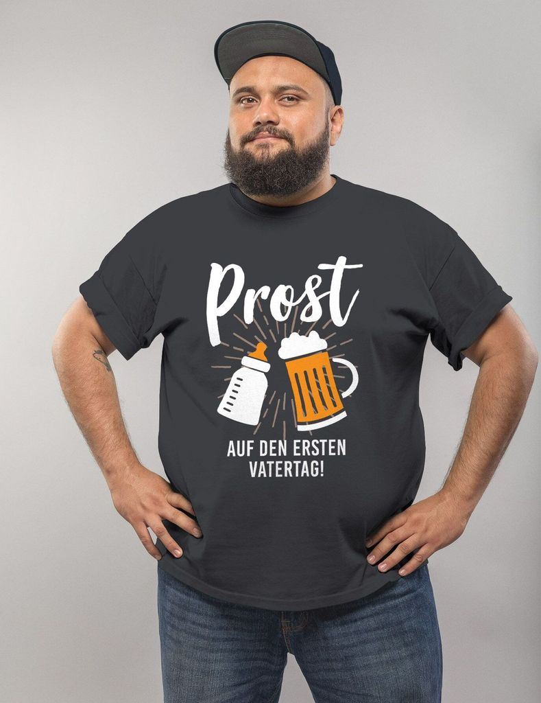 Herren T-Shirt Geschenk Prost zum ersten Vatertag Papa Spruch lustig Bierflasche Milchflasche Moonworks anthrazit M