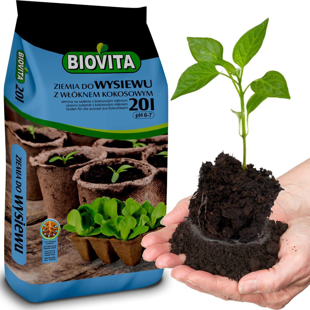 A bag of soil for sowing with coconut fiber and a young plant being held in hands.