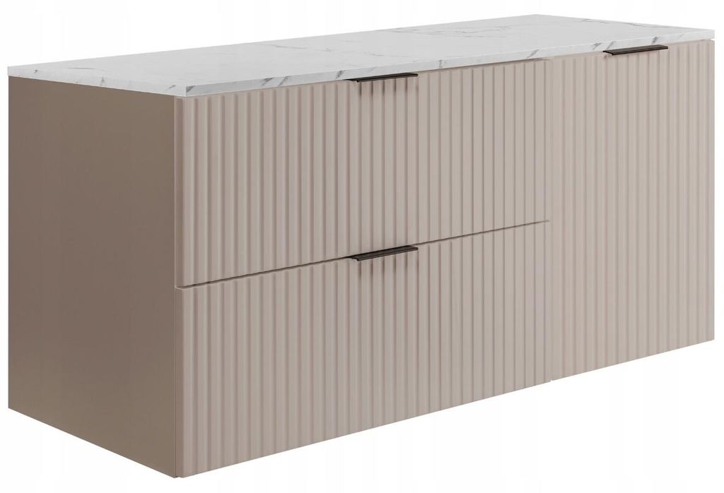 Rodan | Waschbeckenunterschrank Kaschmir 120 cm - Badschrank - Tischplatte in Weißmarmoroptik - 2 Schubladen - Schrank mit 1 Tür