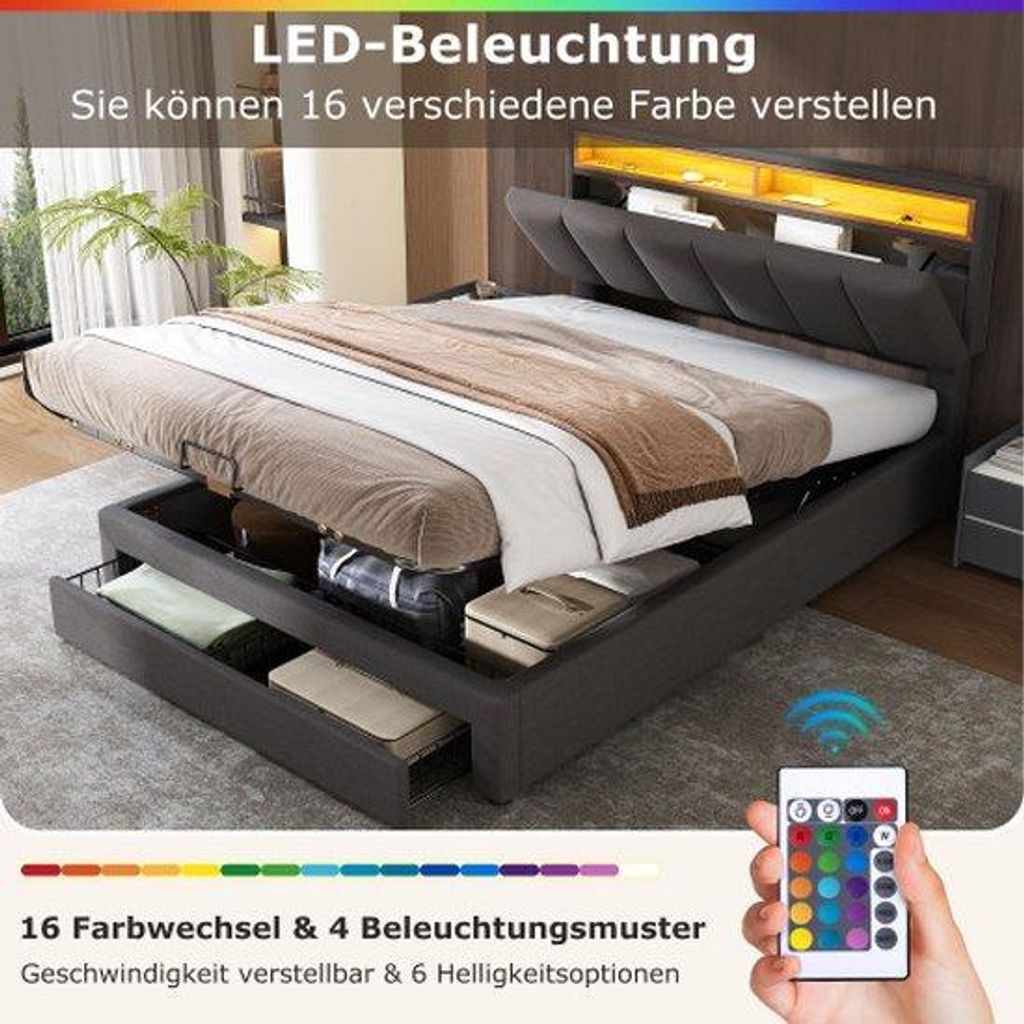Gemeubileerd bed mit LED-Beleuchtung, hydraulisches Aufbewahrungsbett mit Kinderbett, Lade- und Aufbewahrungsfächern, aufklappbares Kopfteile aus ...