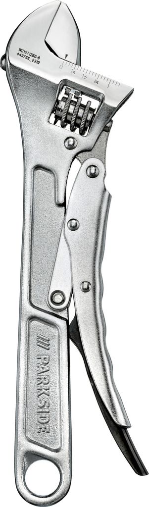 A close-up studio shot of a silver adjustable wrench.