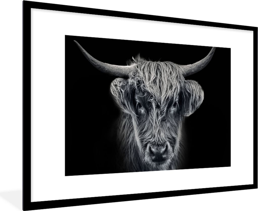 MuchoWow Gerahmtes Poster Schottischer Highlander - Schwarz - Kuh - Tiere 90x60 cm - Poster mit Schwarzem Bilderrahmen Wandposter Rahmen Foto Bil...