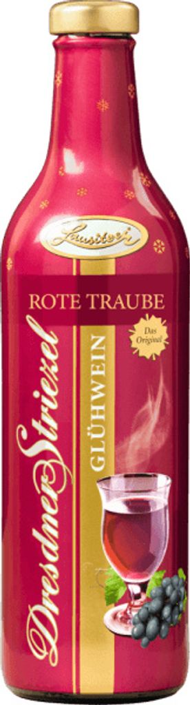 A bottle of red grape mulled wine (Glühwein) with a label.