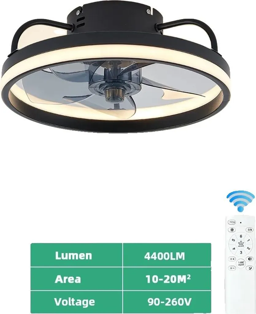 Ventilateur de plafond LED réglable par application, design noir mat