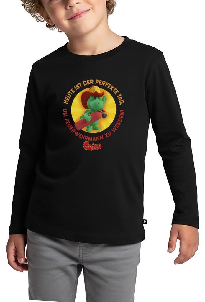 Spreadshirt Grisu Der Kleine Drache Feuerwehrmann Spruch Kinder Premium Langarmshirt, 134/140 (8 Jahre), Schwarz