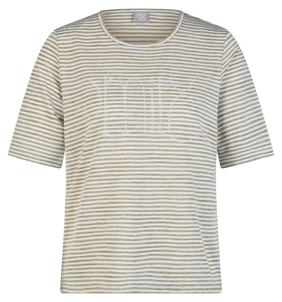 Rabe Damen T-Shirt Grün Größe 48 mit Streifenmuster, Rundhalsausschnitt und Strass-Schriftzug