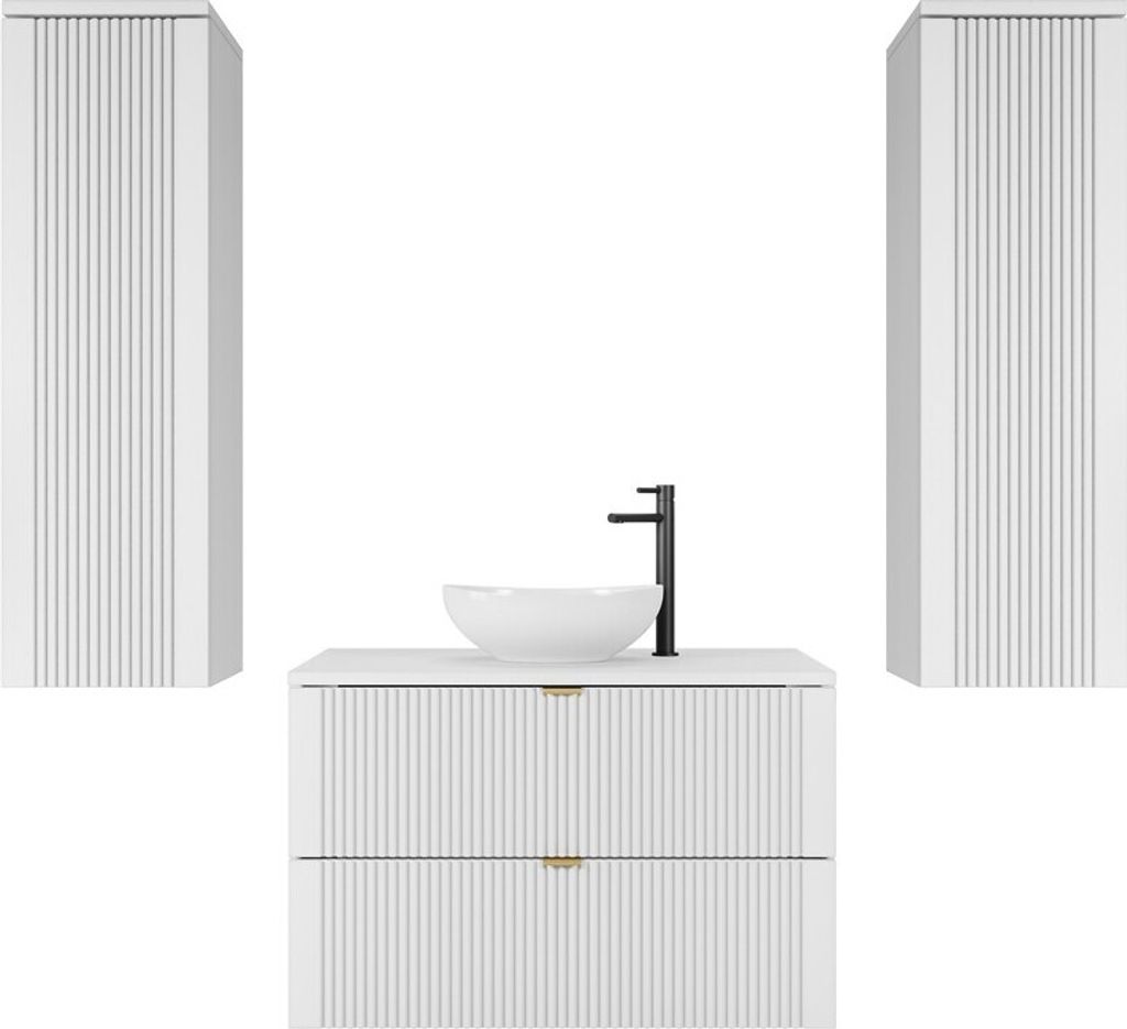 Easy4You Weiß mit Goldgriffe Unterschrank DAKI 80 cm mit 2 Schubladen + 2x Hängeschranke 30x100 cm Badschrank Badezimmerschrank Seitenschrank Ger...